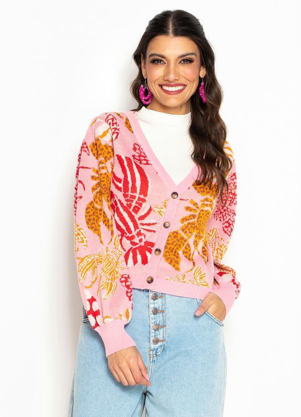 Farm - Cardigan Curto de Tricot Lagostinha Rosa