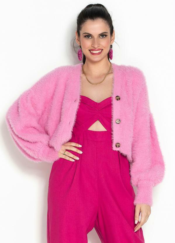 Farm - Cardigan Curto de Tricot Pelinho Rosa