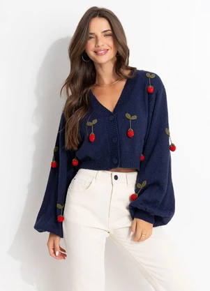 Farm - Cardigan Tricot Artesanal Morango Azul - FARM