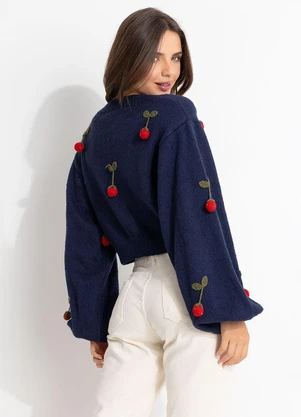 Farm - Cardigan Tricot Artesanal Morango Azul - FARM