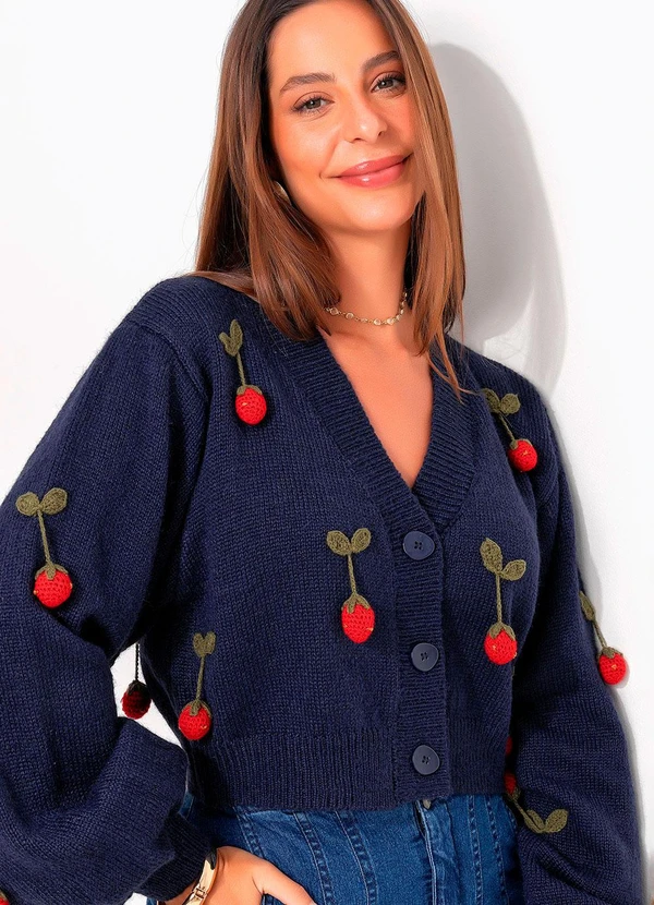 Cardigan Tricot Artesanal Morango Azul - Farm