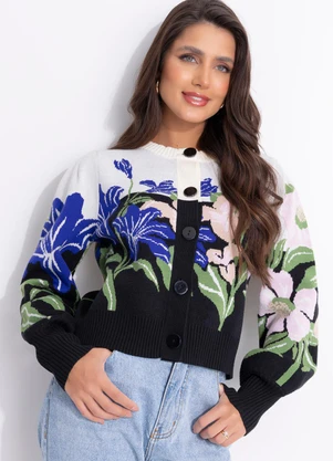 Farm - Cardigan Tricot Céu de Flor Preto - FARM