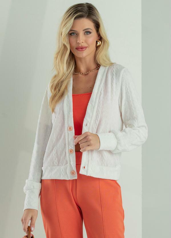 Gris - Casaco de Tricô Feminino com Botões Bege