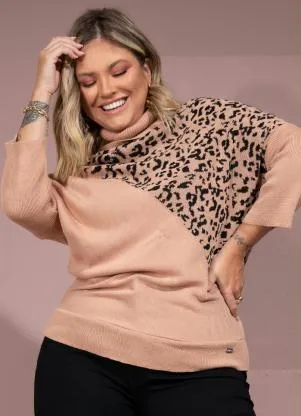 Quintess - Casaco em Tricô Bege e Onça Amplo com Gola Alta - QUINTESS