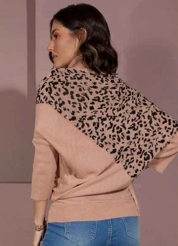 Quintess - Casaco em Tricô Bege e Onça Amplo com Gola Alta 2
