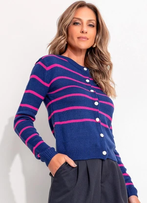 Quintess - Casaco em Tricô Listrado Marinho/Rosa com Botões - QUINTESS