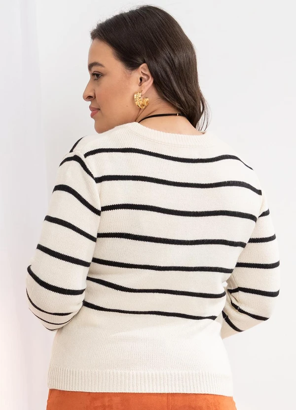 Quintess - Casaco em Tricô Listrado P&B com Botões 5