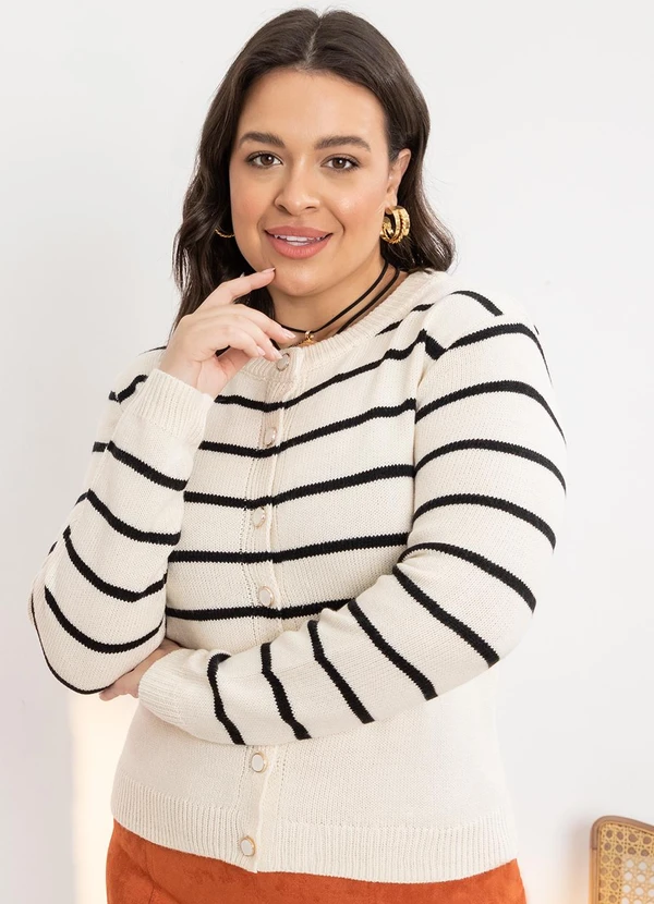 Quintess - Casaco em Tricô Listrado P&B com Botões 6