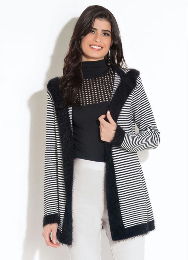 Quintess - Casaco em Tricô Listrado Preto e Branco Quintess