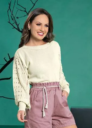Rosalie - Casaco Off White em Tricô com Mangas Trabalhadas - ROSALIE