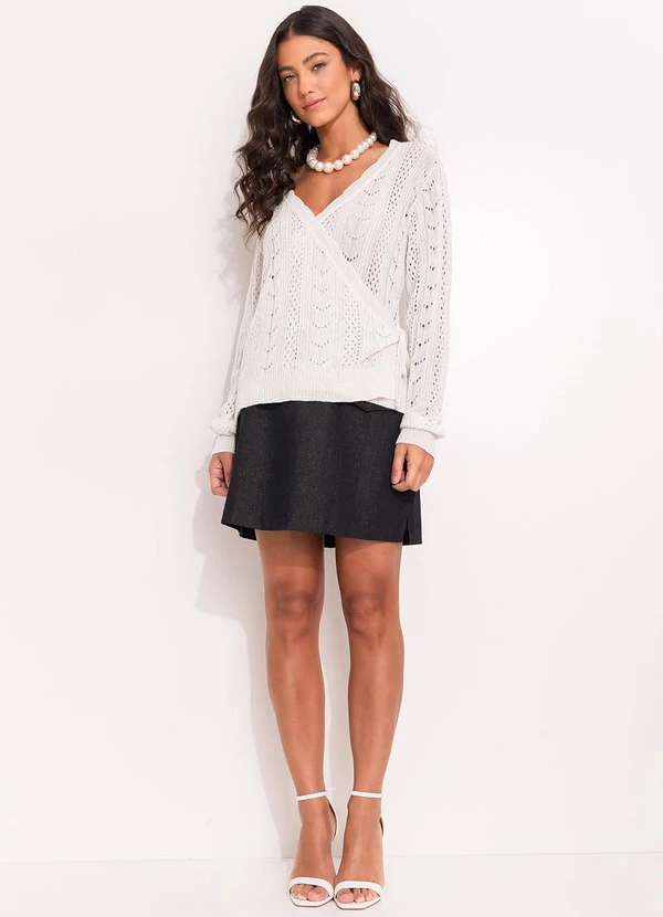 Quintess - Casaco de Tricô Transpassado Off White com Amarração Lateral 5