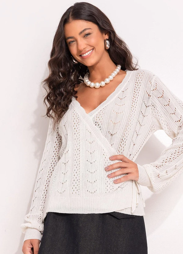 Quintess - Casaco de Tricô Transpassado Off White com Amarração Lateral 3