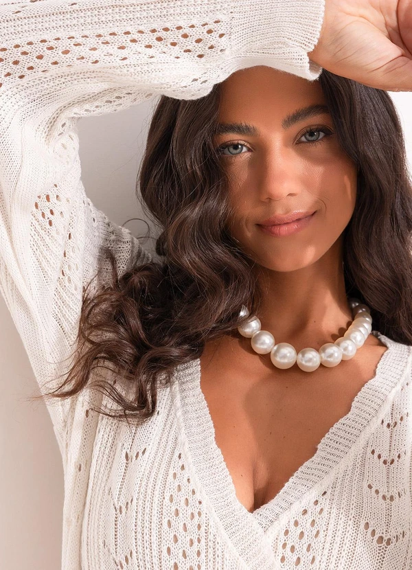 Quintess - Casaco de Tricô Transpassado Off White com Amarração Lateral 2