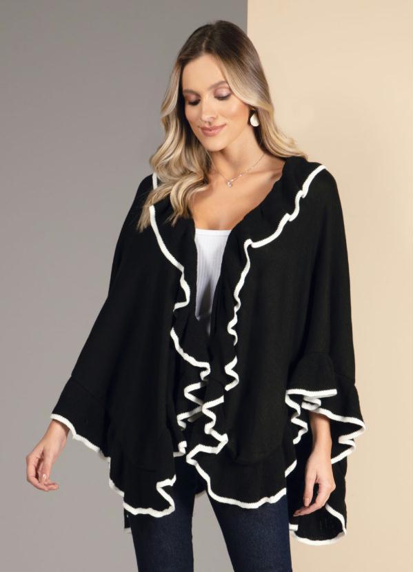 Quintess - Poncho Amplo em Tricô Preto e Branco com Babados
