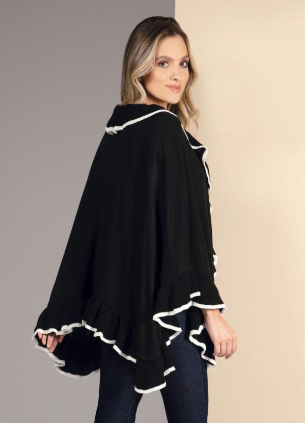 Quintess - Poncho Amplo em Tricô Preto e Branco com Babados 2
