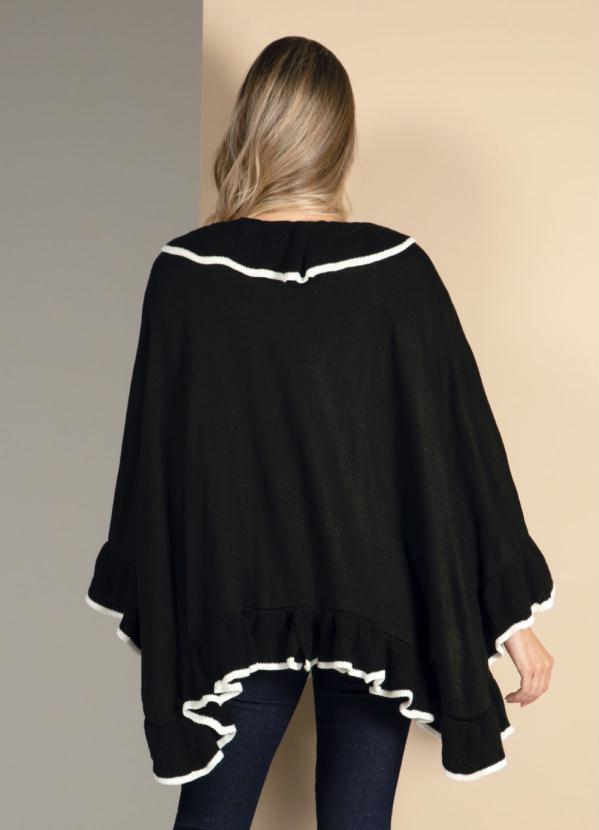 Quintess - Poncho Amplo em Tricô Preto e Branco com Babados 3
