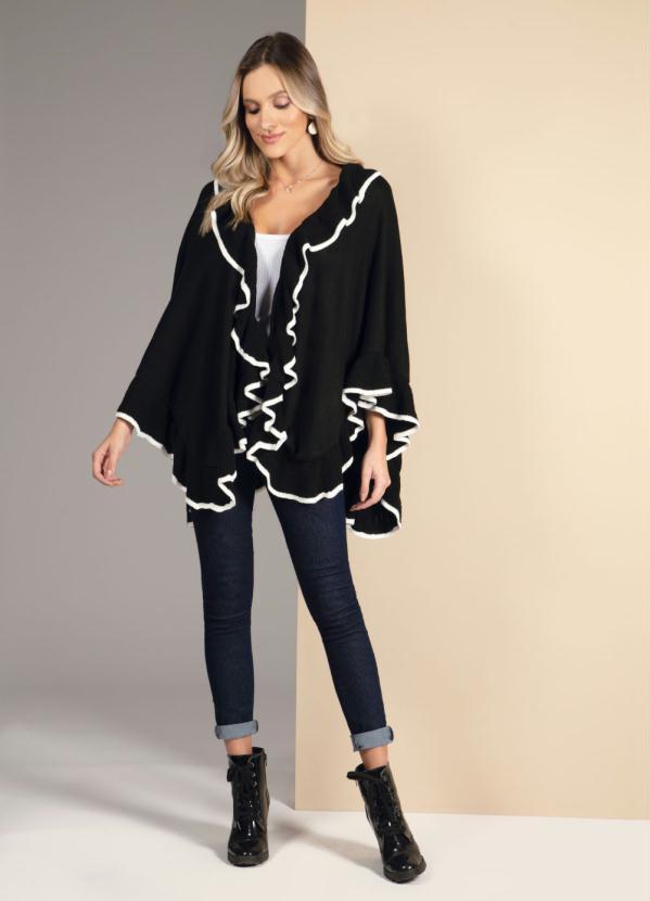Quintess - Poncho Amplo em Tricô Preto e Branco com Babados 4