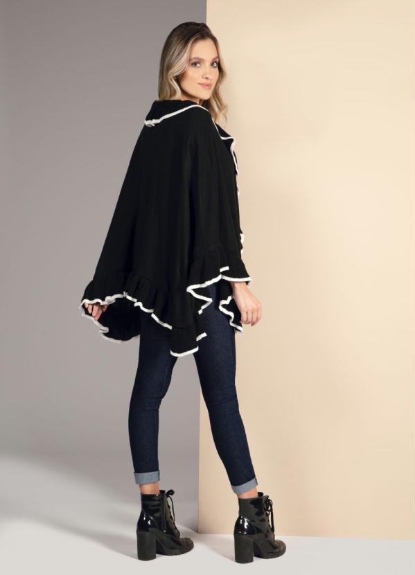 Quintess - Poncho Amplo em Tricô Preto e Branco com Babados 5