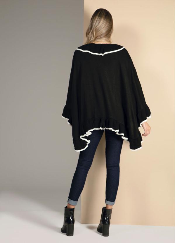 Quintess - Poncho Amplo em Tricô Preto e Branco com Babados 6