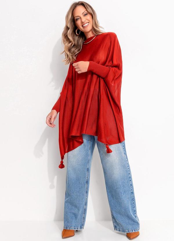 Quintess - Poncho Amplo Terracota em Tricô 2