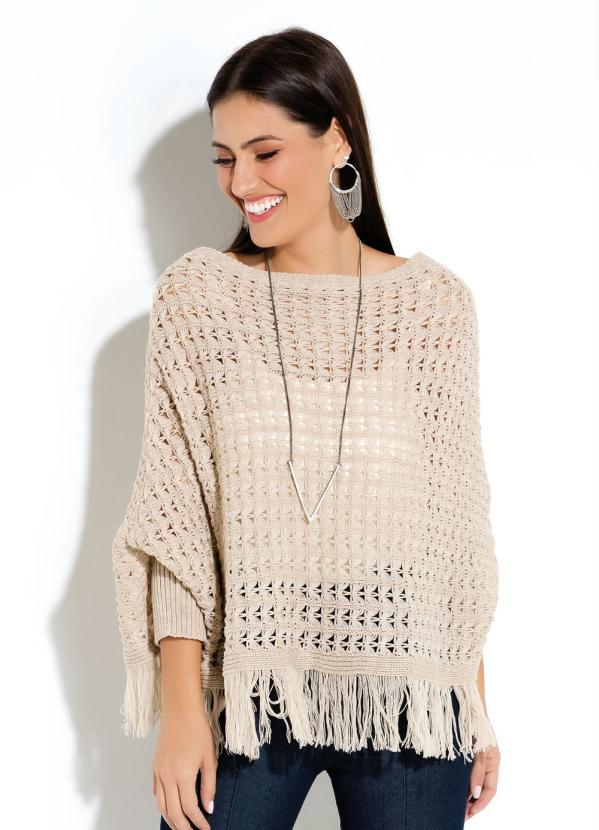 Quintess - Poncho em Tricô Furadinho Bege com Franjas