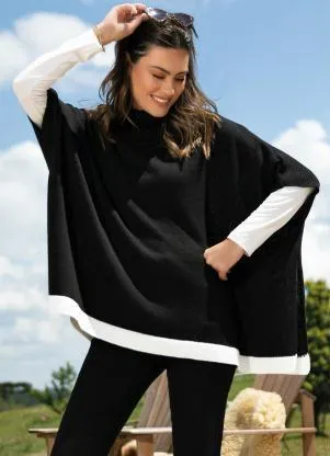 Quintess - Poncho Preto/Branco com Gola Alta - QUINTESS