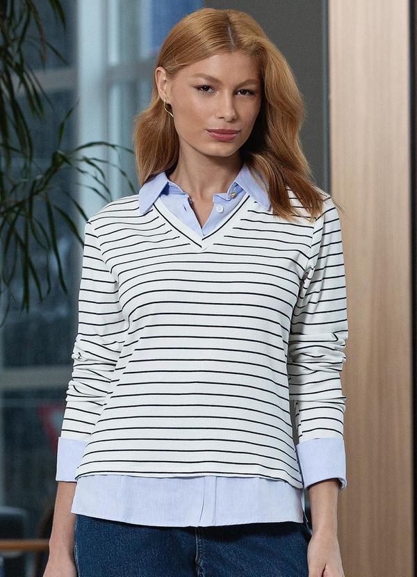 Principessa - Sueter Camisa Listra Off White e Marinho Sienna