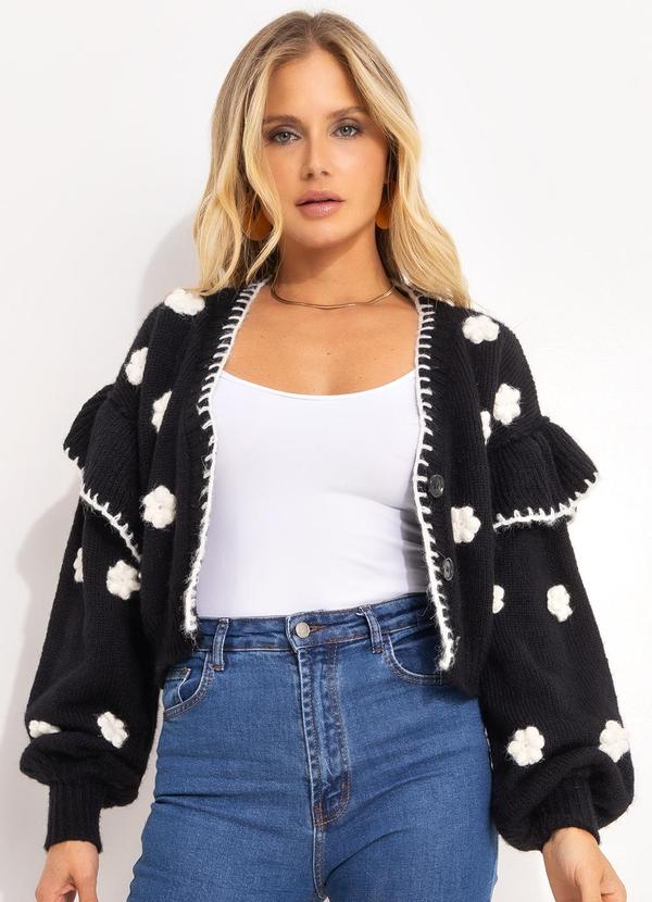 Farm - Suéter Curto Tricot Artesanal Flor Preto