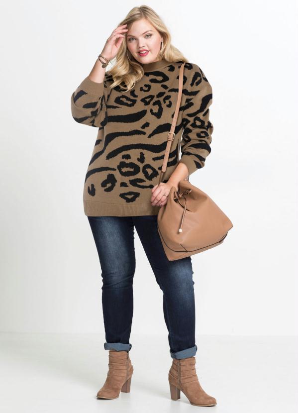 bonprix - Suéter de Tricô Animal Print Onça Marrom 8