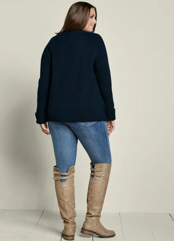 bonprix - Suéter de Tricô com Amarração Azul Marinho 10