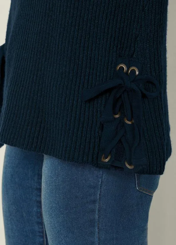 bonprix - Suéter de Tricô com Amarração Azul Marinho 3