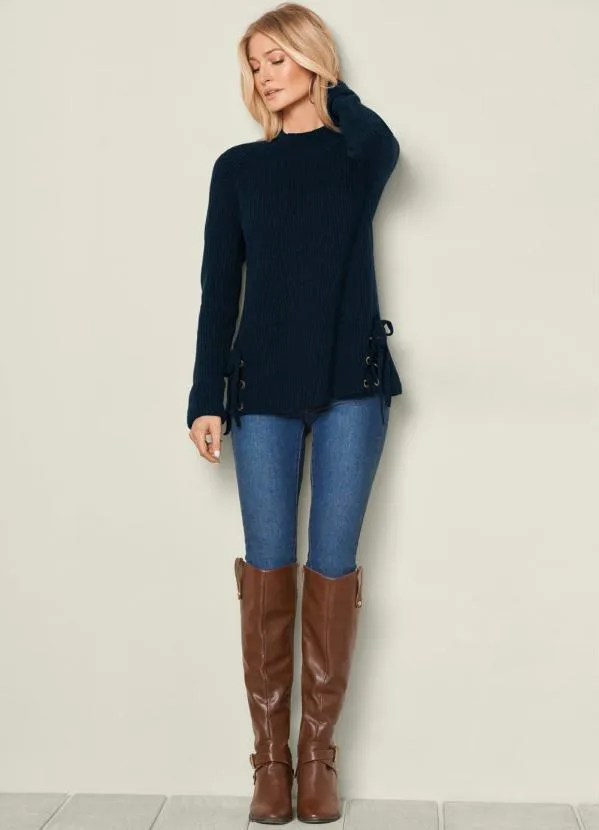 bonprix - Suéter de Tricô com Amarração Azul Marinho 4