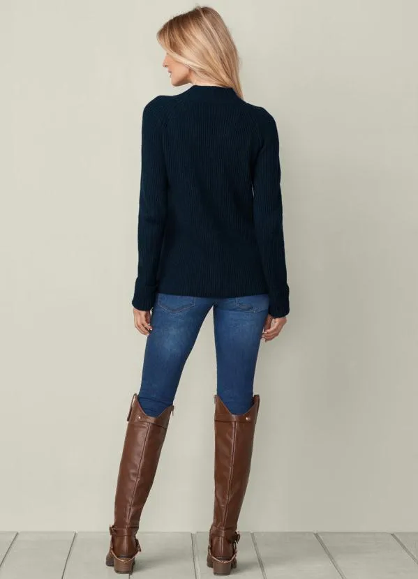 bonprix - Suéter de Tricô com Amarração Azul Marinho 5
