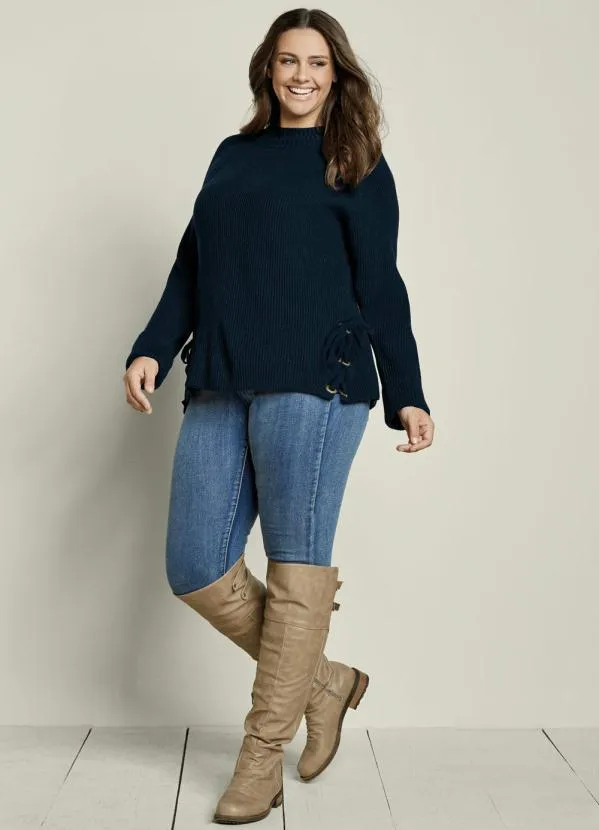 bonprix - Suéter de Tricô com Amarração Azul Marinho 9