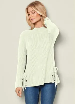 bonprix - Suéter de Tricô com Amarração Off White - BONPRIX