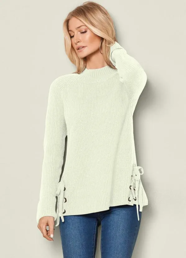 bonprix - Suéter de Tricô com Amarração Off White