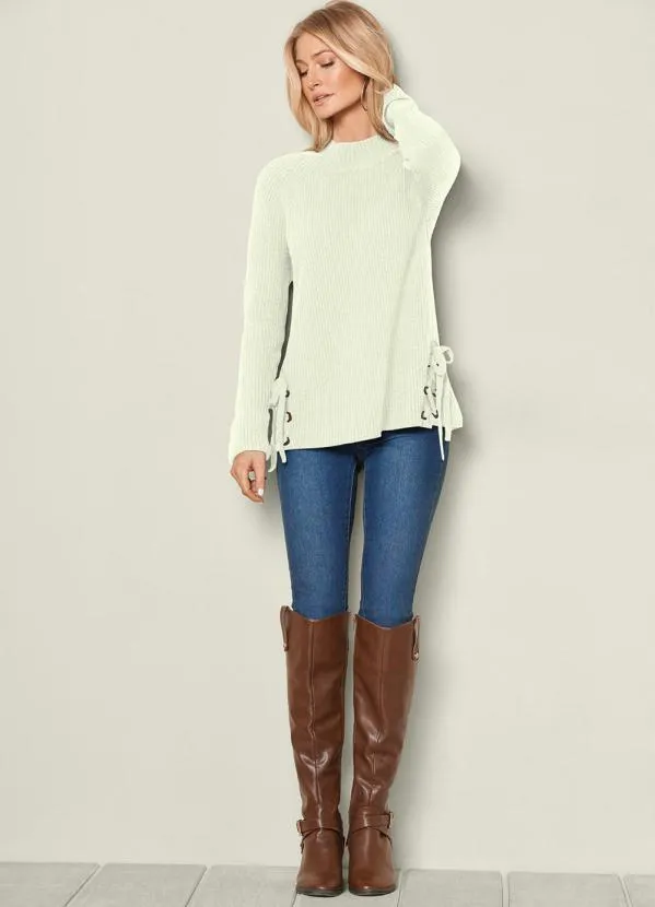 bonprix - Suéter de Tricô com Amarração Off White 4