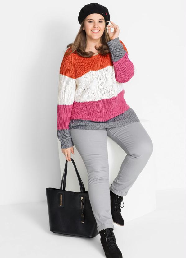 bonprix - Suéter de Tricô Listrado Laranja e Rosa 7