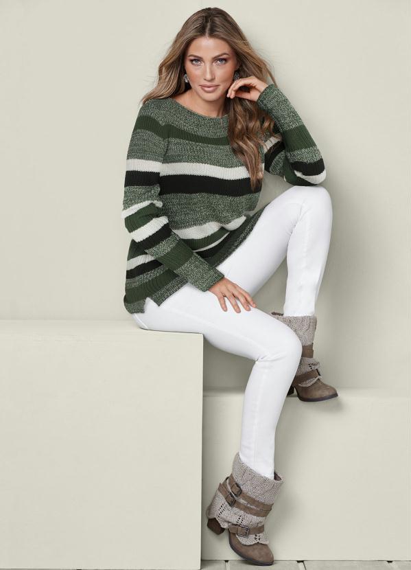 bonprix - Suéter de Tricô Mesclado Listrado Verde Oliva 4