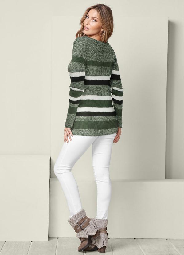bonprix - Suéter de Tricô Mesclado Listrado Verde Oliva 5