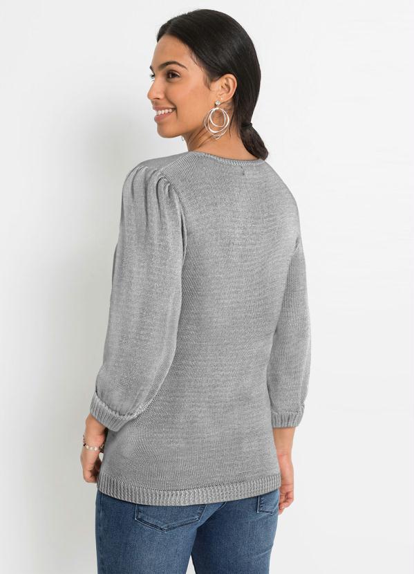 Outlet - Suéter Decote V Manga Bufante Cinza 2