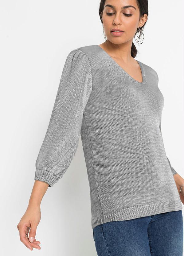 Outlet - Suéter Decote V Manga Bufante Cinza 3