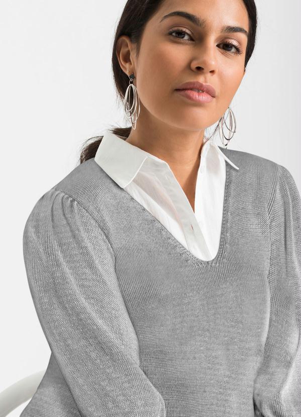 Outlet - Suéter Decote V Manga Bufante Cinza 4