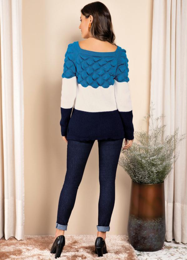 Quintess - Suéter em Tricô Azul/Off White/Marinho 4