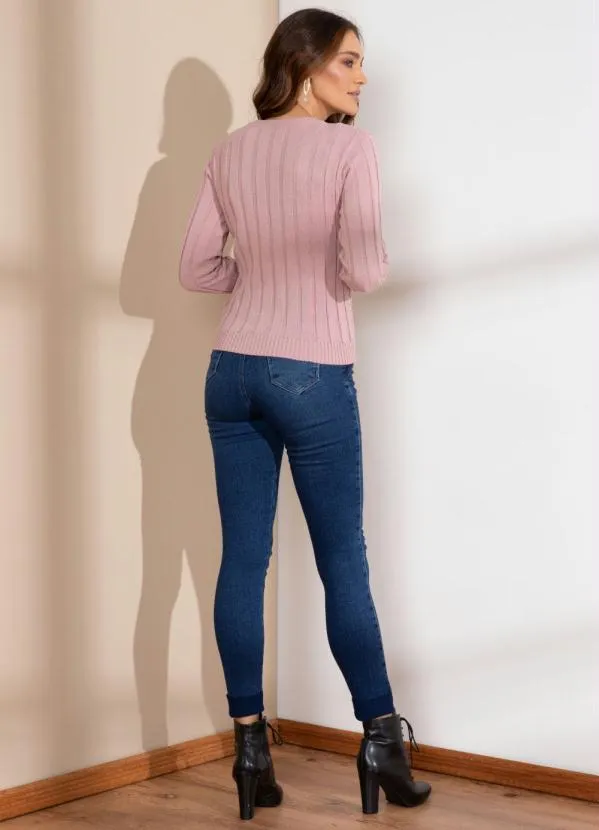 Quintess - Suéter em Tricô Canelado Rosê com Decote V 4