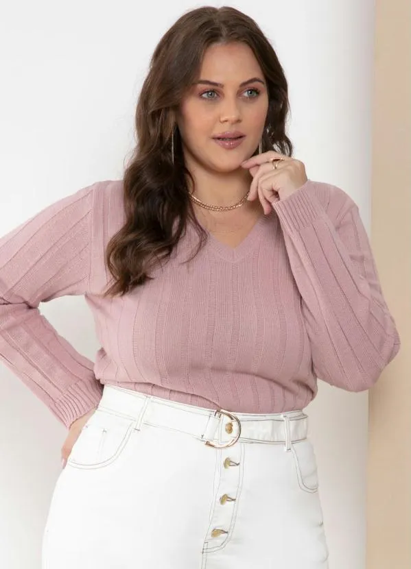 Quintess - Suéter em Tricô Canelado Rosê com Decote V 6