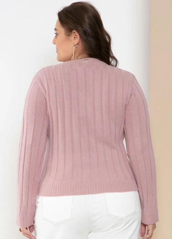 Quintess - Suéter em Tricô Canelado Rosê com Decote V 7