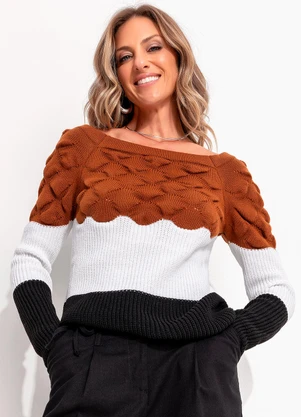 Quintess - Suéter em Tricô Caramelo/Off White/Preto - QUINTESS