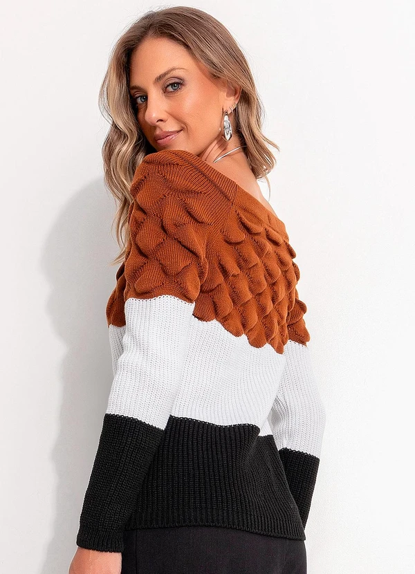 Quintess - Suéter em Tricô Caramelo/Off White/Preto 2