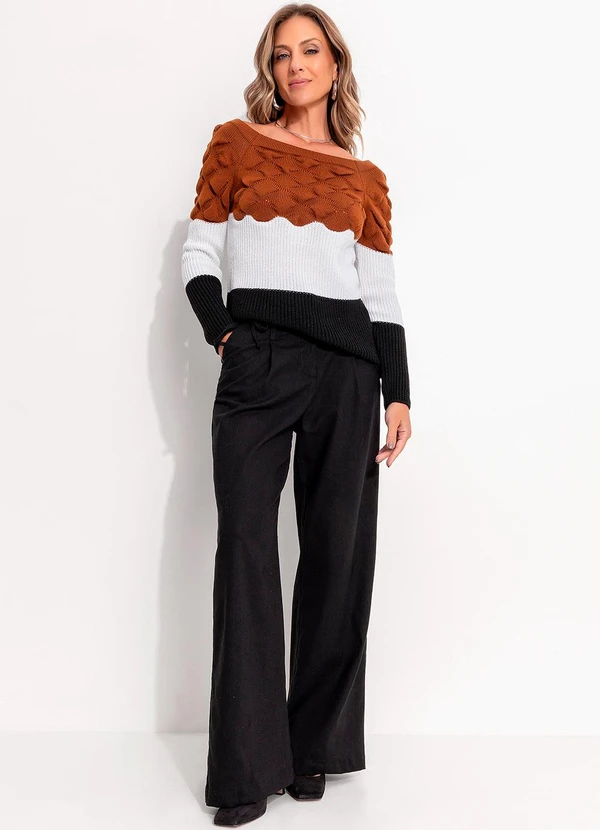 Quintess - Suéter em Tricô Caramelo/Off White/Preto 3
